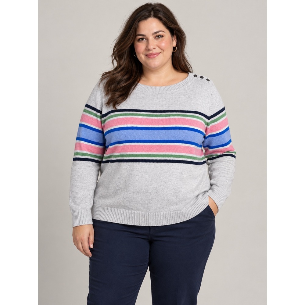 Talbots Plus Petite 2XP Gray Multi Color Striped Button Shoulder Sweater Cotton